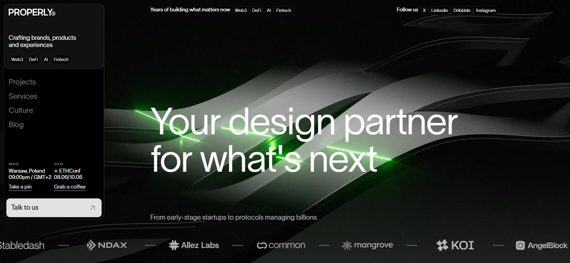 Properly Studio homepage featuring modular pixel-system Web3 visual identity work for protocols and Ethereum-aligned projects.
