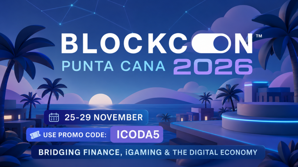 BLOCKCON Punta Cana 2026 conference banner with tropical sunset, blue-purple futuristic design, event dates 25–29 November, and promo code ICODA5.