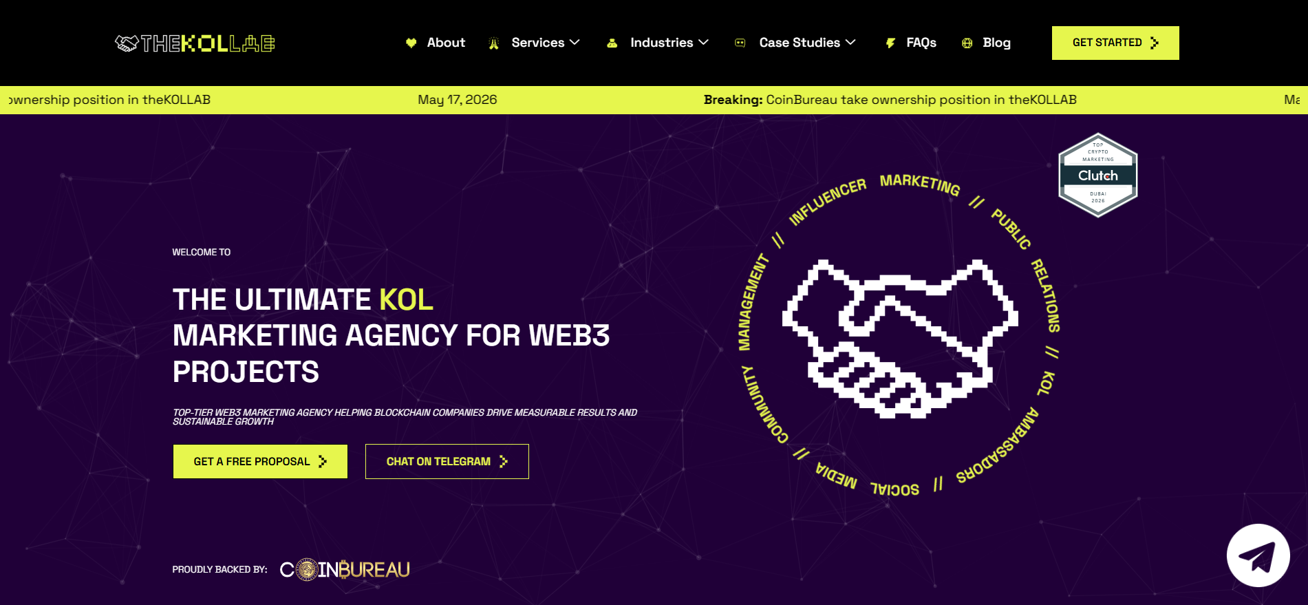 theKOLLAB KOL 营销机构主页 - Web3 项目的影响者营销、社区管理和 PR,由 CoinBureau 提供支持。