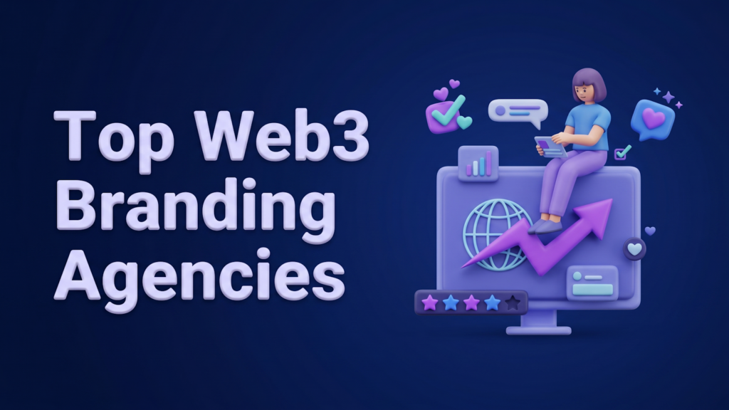 Cover illustration for the Top 10 Web3 Design Agencies for Crypto Branding guide, featuring 3D growth, ratings, and global reach motifs.