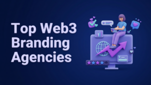 Cover-Illustration für den Leitfaden Top 10 Web3 Design Agencies for Crypto Branding, mit Motiven für 3D-Wachstum, Bewertungen und globale Reichweite.