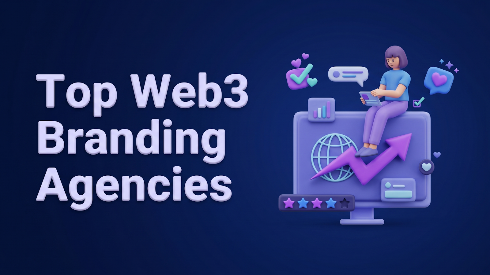 Cover illustration for the Top 10 Web3 Design Agencies for Crypto Branding guide, featuring 3D growth, ratings, and global reach motifs.