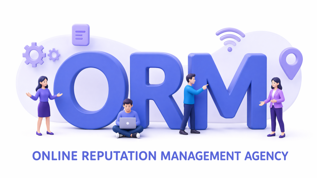 3D illustration of four people working around large ORM letters with gear, document, WiFi, and location pin icons, captioned 