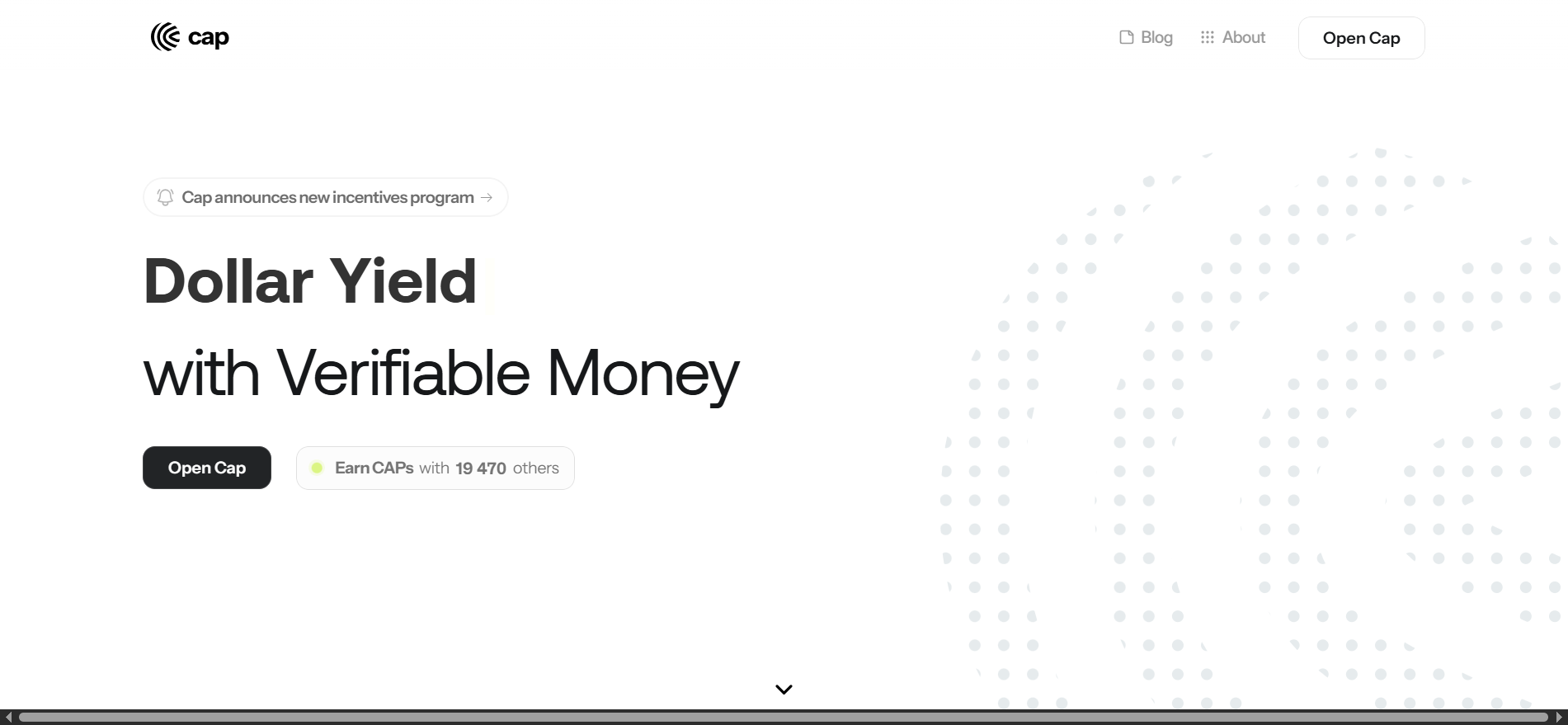الصفحة الرئيسية لـ CAP — عائد الدولار بأموال قابلة للتحقق، عملة مستقرة تحمل عائدًا ضمن أفضل عمليات البيع المسبق للعملات المشفرة في يونيو 2026.