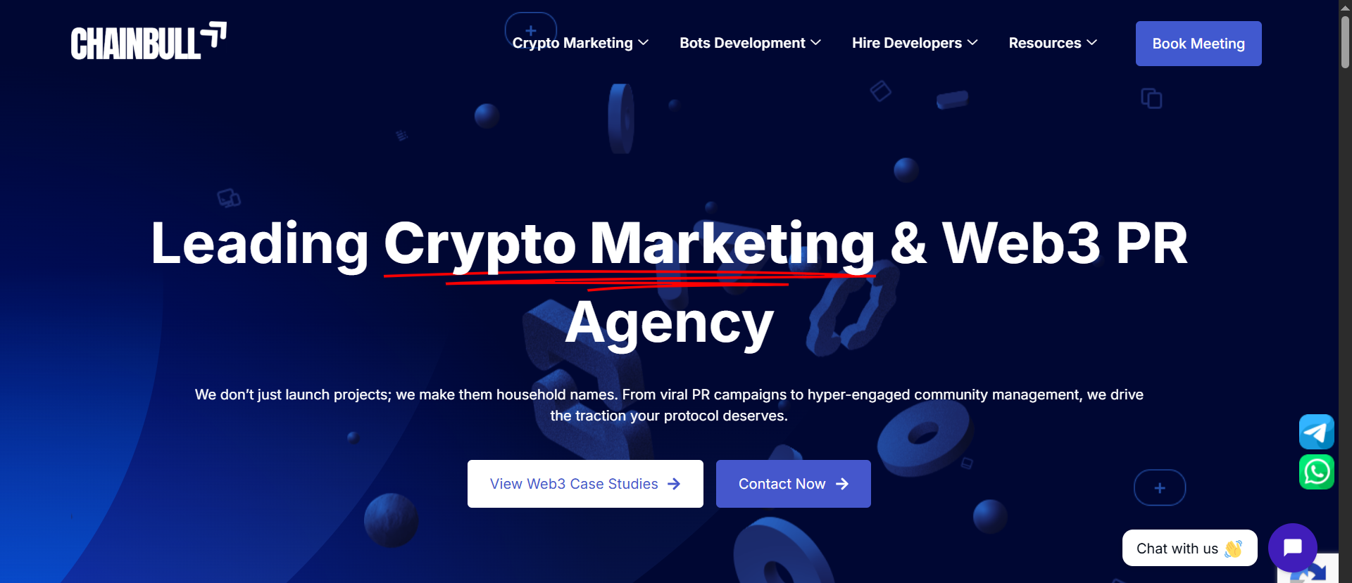 Page d'accueil de l'agence de crypto marketing et de relations publiques Web3 Chainbull avec des visuels de blockchain en 3D et un titre mettant l'accent sur les relations publiques virales et la gestion de la communauté.