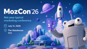 MozCon 2026 — 14 июля в The Glasshouse, Нью-Йорк. Робот-талисман держит билеты на конференцию на фоне запуска ракеты. 