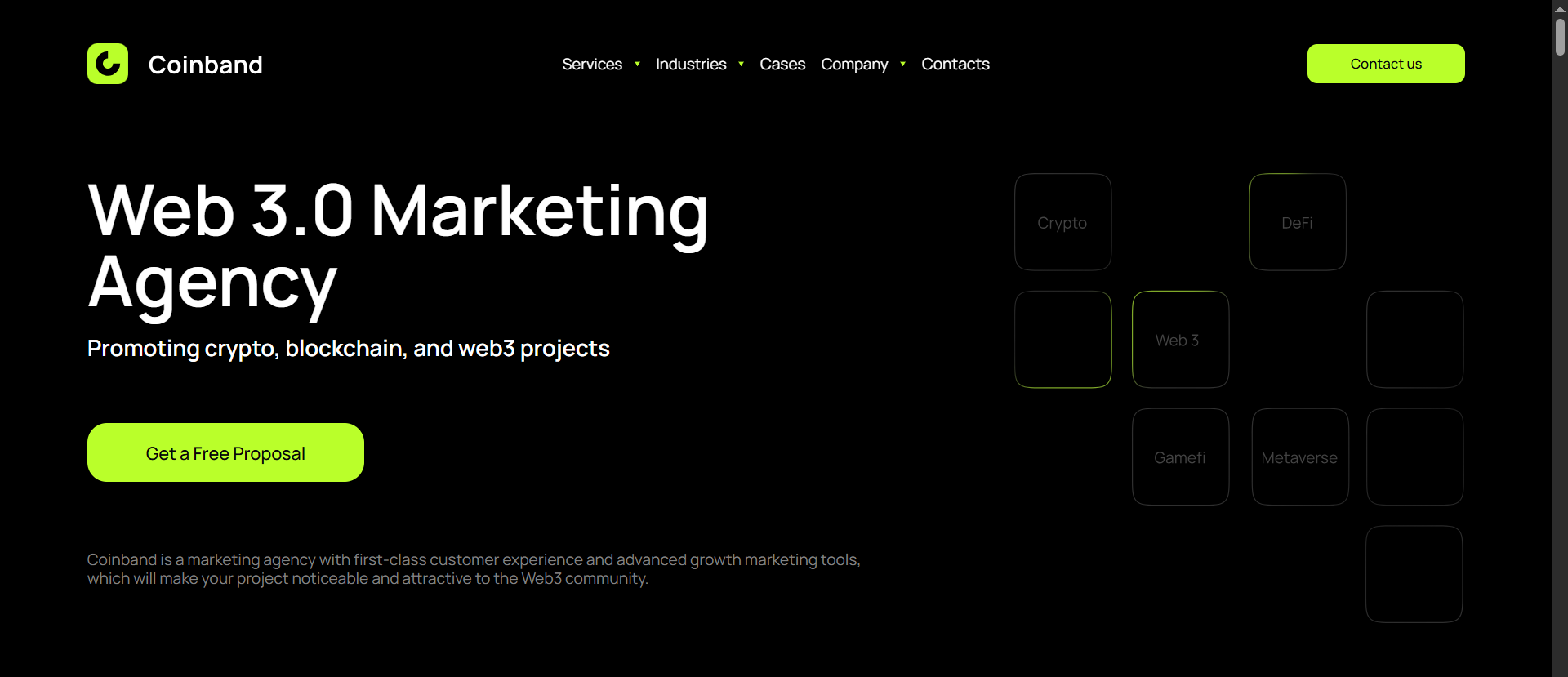Coinband Web3 page d'accueil d'une agence de marketing promouvant les projets crypto, DeFi, GameFi et metaverse avec un branding vert néon et des tuiles de catégories de services.