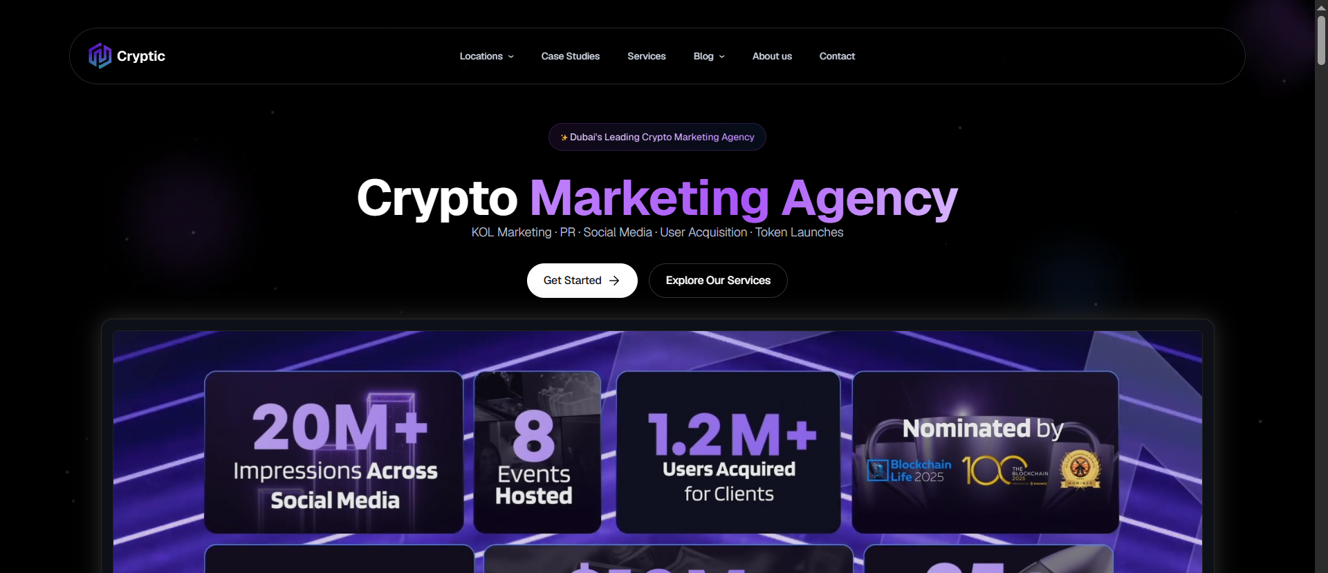 Page d'accueil de l'agence de marketing cryptographique cryptographique montrant 20M+ impressions sur les médias sociaux, 1,2M+ utilisateurs acquis, et des services de marketing KOL basés à Dubaï.