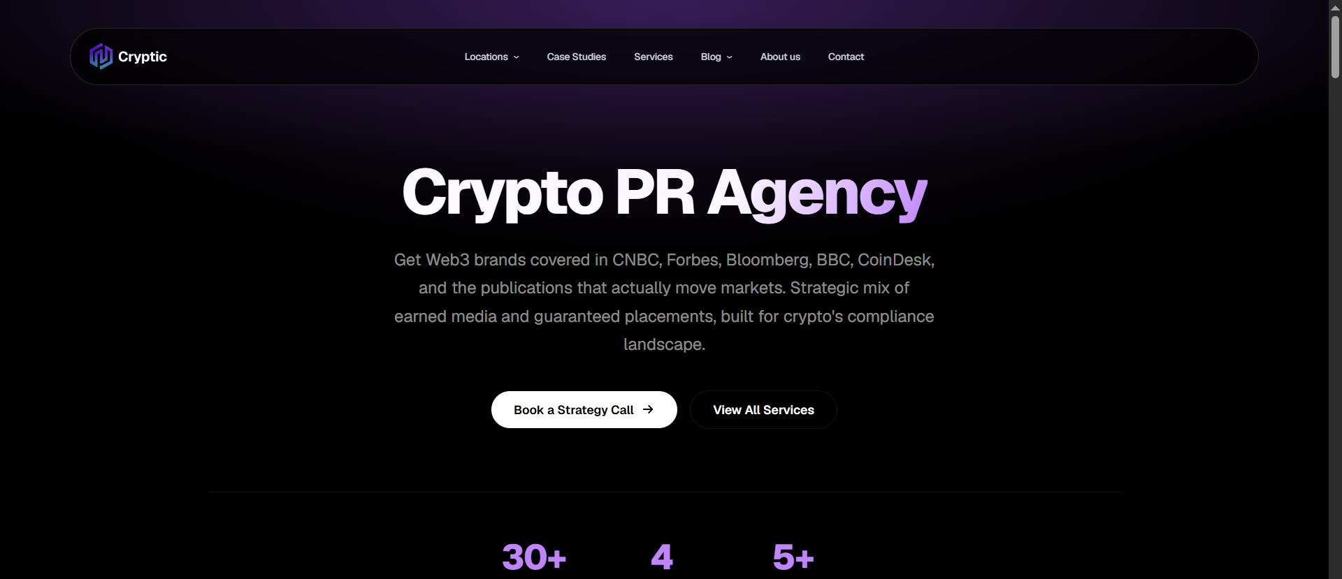 Cryptic-Crypto-PR-Agentur-Homepage mit Earned-Media-Platzierungen in CNBC, Forbes, Bloomberg, BBC und CoinDesk sowie strategischer Web3-Berichterstattung.