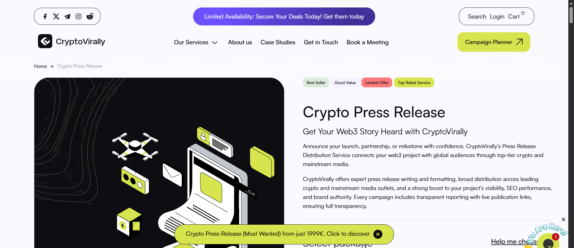 CryptoVirally-Seite zur Verteilung von Crypto-Pressemitteilungen für Web3-Projekt-Launches über Top-Tier-Crypto- und Mainstream-Medien.