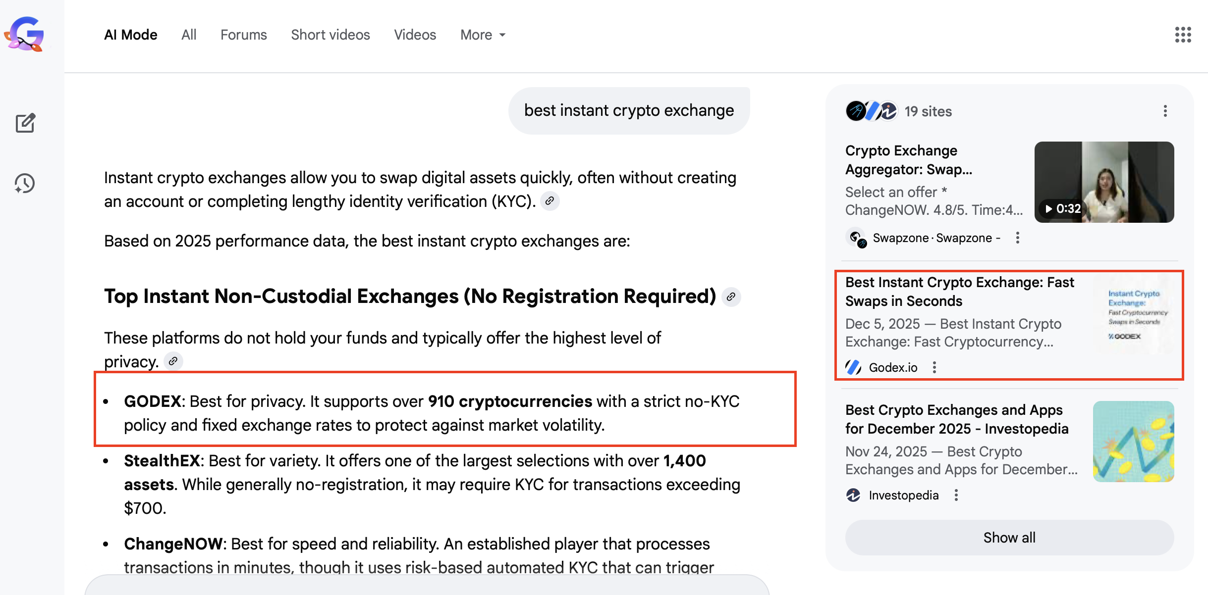 Google AI Overview per “miglior exchange crypto istantaneo” — Godex evidenziato come uno dei migliori exchange no-KYC non custodiali che supporta oltre 900 criptovalute.