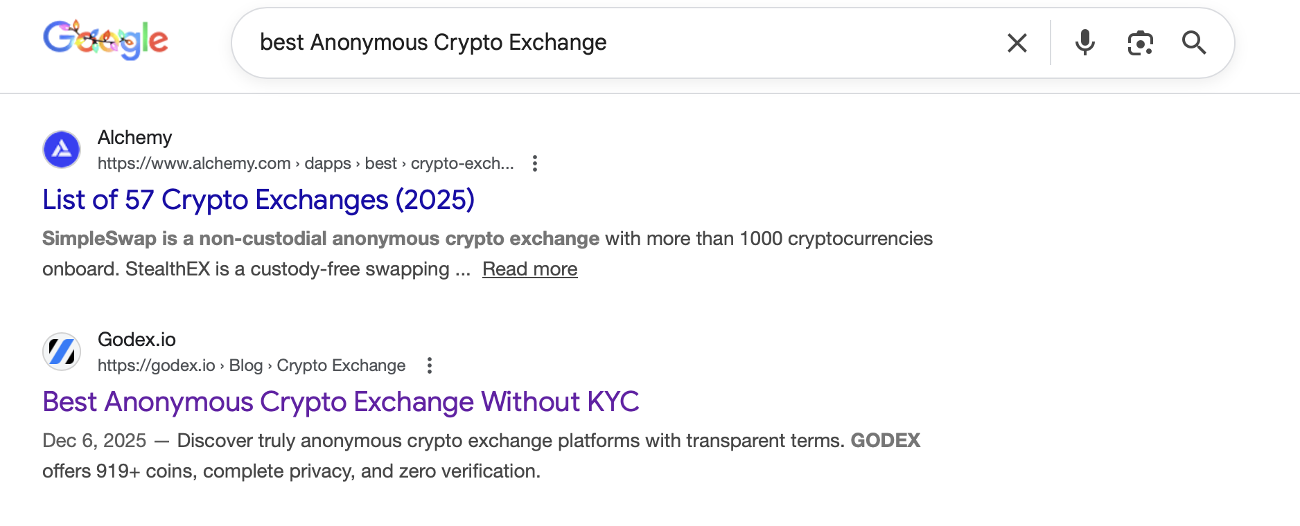 SERP di Google per “miglior exchange crypto anonimo” nel mercato statunitense — Godex posizionato tra i primi 5 risultati organici.
