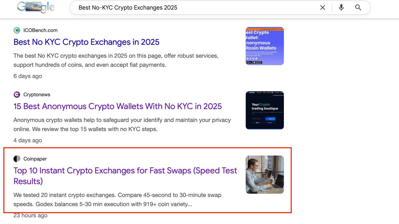 Risultati di ricerca di Google per “migliori exchange crypto no-KYC 2025” — Godex che appare in un articolo di alto livello sulle piattaforme senza KYC.