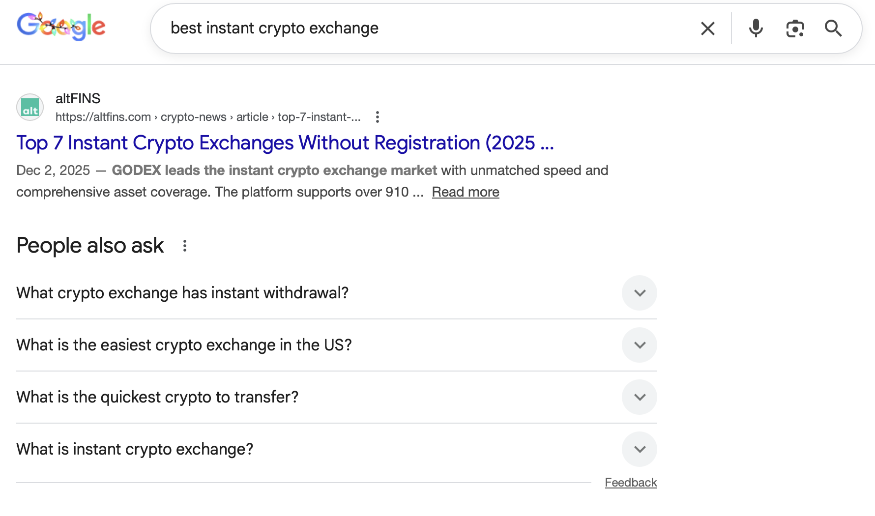Pagina dei risultati di ricerca di Google per “miglior exchange crypto istantaneo” — un articolo editoriale con Godex posizionato in cima ai risultati organici.