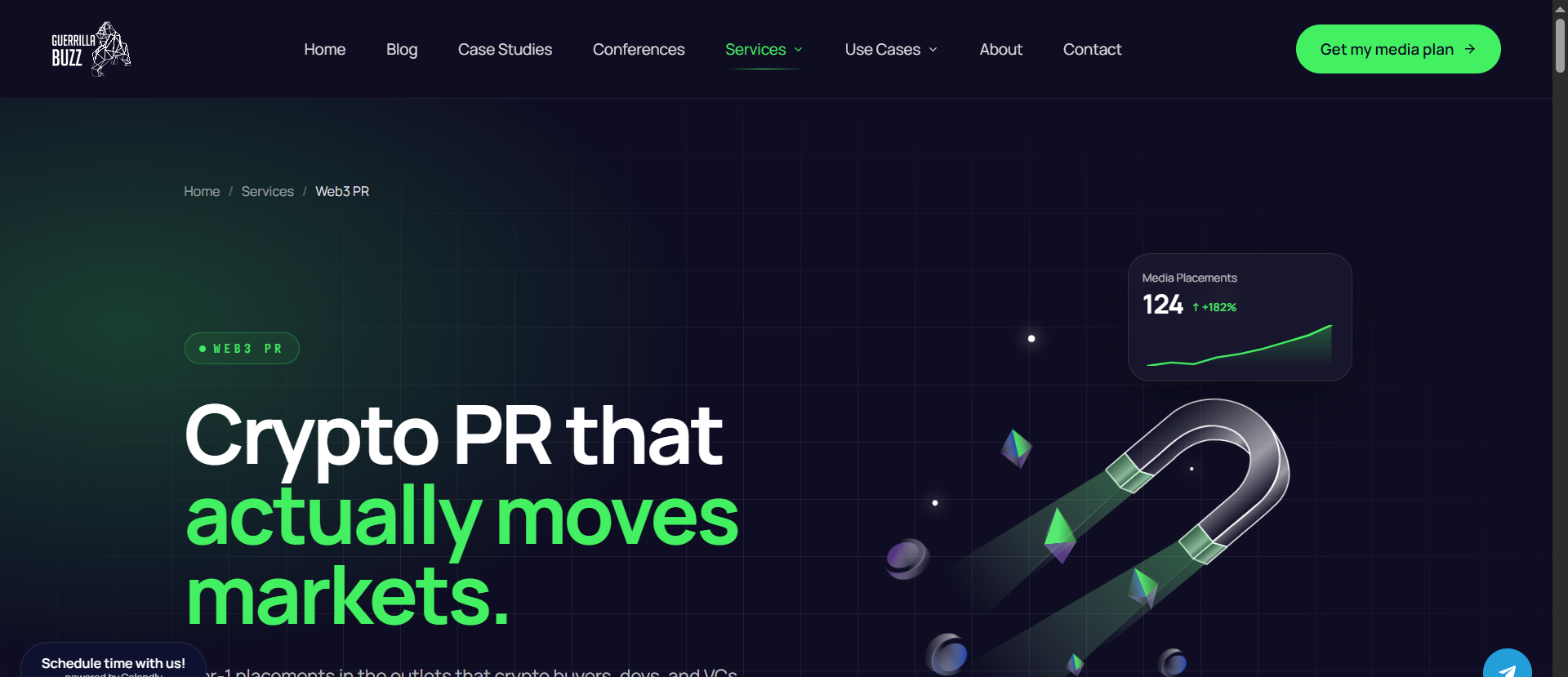 GuerrillaBuzz-Crypto-PR-Agentur-Services-Seite mit Zähler für 124 Medienplatzierungen und der Headline „Crypto PR that actually moves markets“, ausgerichtet auf Blockchain- und Web3-Projekte.