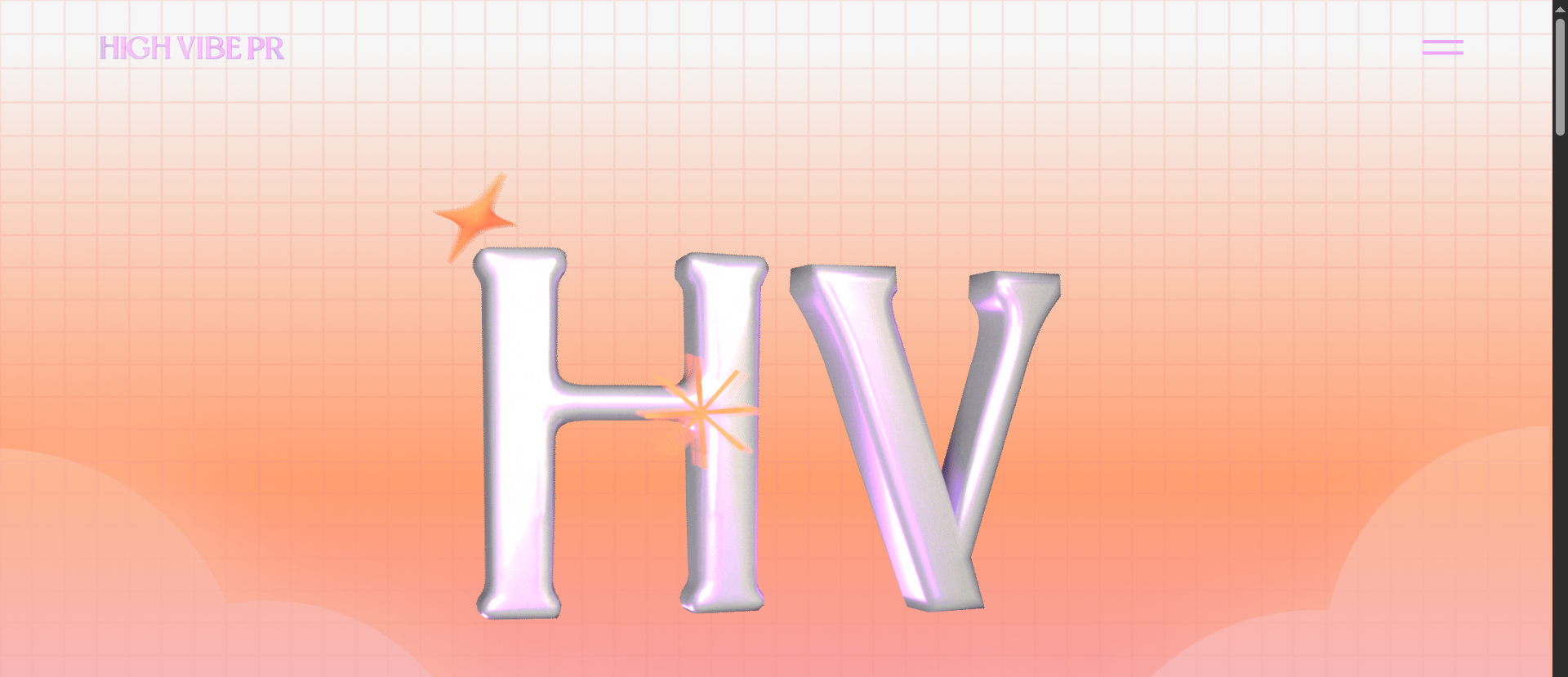 Page de l'agence de relations publiques cryptographique High Vibe PR présentant le logo holographique HV sur fond rose-orange dégradé à highvibepr.com/crypto-pr-agency.