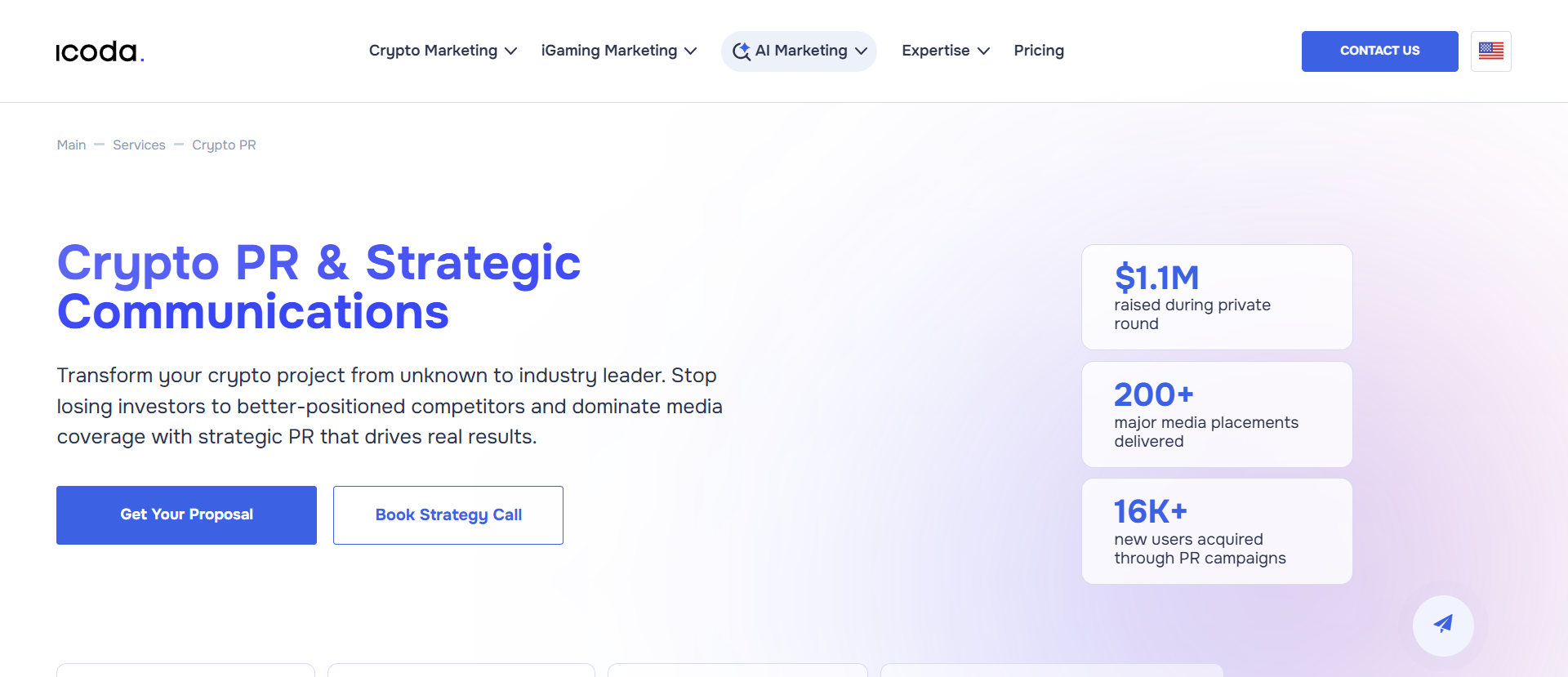 ICODA-Seite zu Crypto-PR und strategischer Kommunikation mit 1,1 Mio. $ eingesammelt, 200+ gelieferten Medienplatzierungen und 16.000+ neuen Nutzern, gewonnen durch Blockchain-PR-Kampagnen.