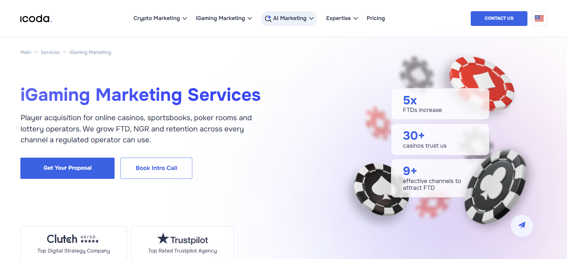 ICODA iGaming-Marketing-Services-Seite mit 5-facher FTD-Steigerung, über 30 Casino-Kunden und über 9 Spielerakquisitionskanälen, mit Clutch 4.9/5.0 und Trustpilot-Badges.