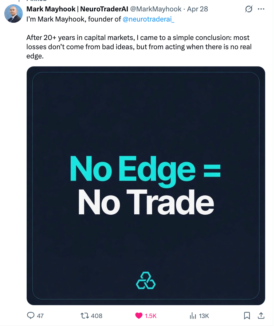 Mark Mayhook NeuroTraderAI launch tweet No Edge No Trade with 13,000 impressions, 1,500 likes, and 408 reposts β organic personal brand growth trading niche.