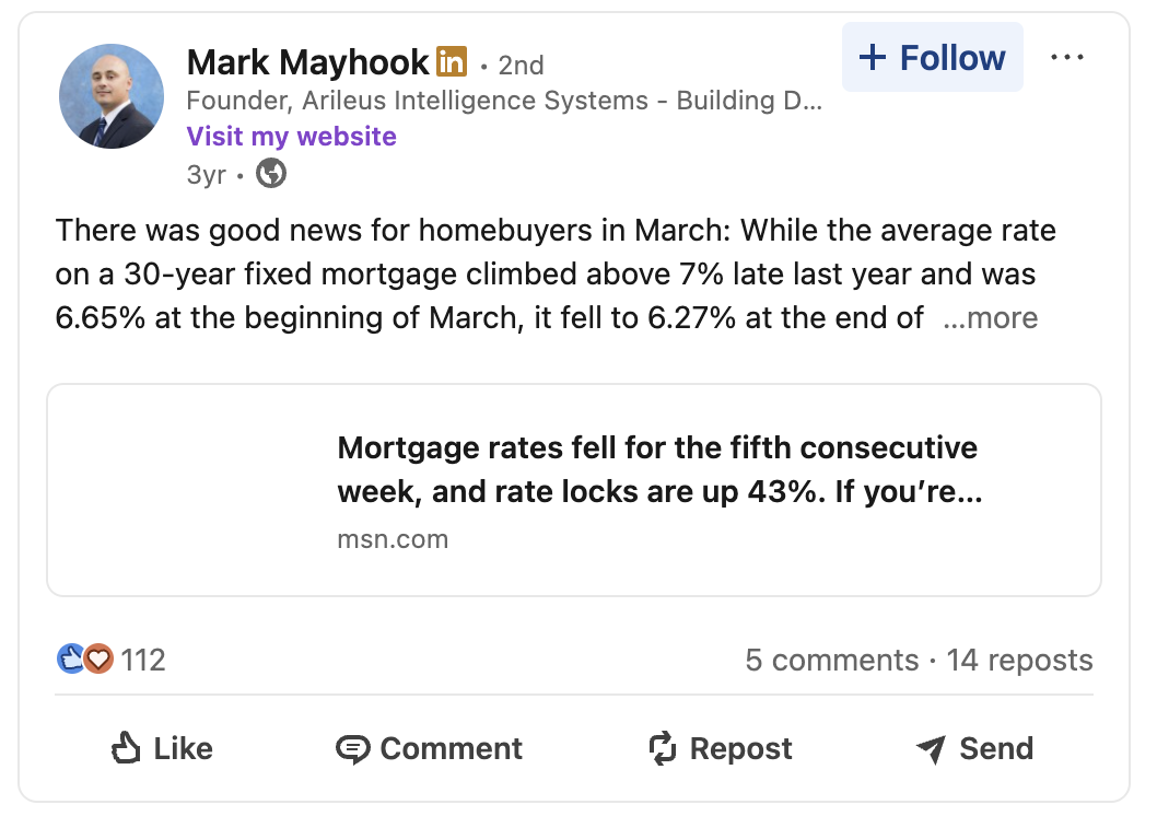 Mark Mayhook LinkedIn post with 112 reactions and 14 reposts β personal brand content strategy for trading educator.