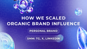 Copertina con gradiente blu-viola con testo 'HOW WE SCALED ORGANIC BRAND INFLUENCE' e badge 'PERSONAL BRAND', 'SMM: TG, X, LINKEDIN'. Circondata da icone 3D di rete utenti, monete crypto e un razzo in lancio. 