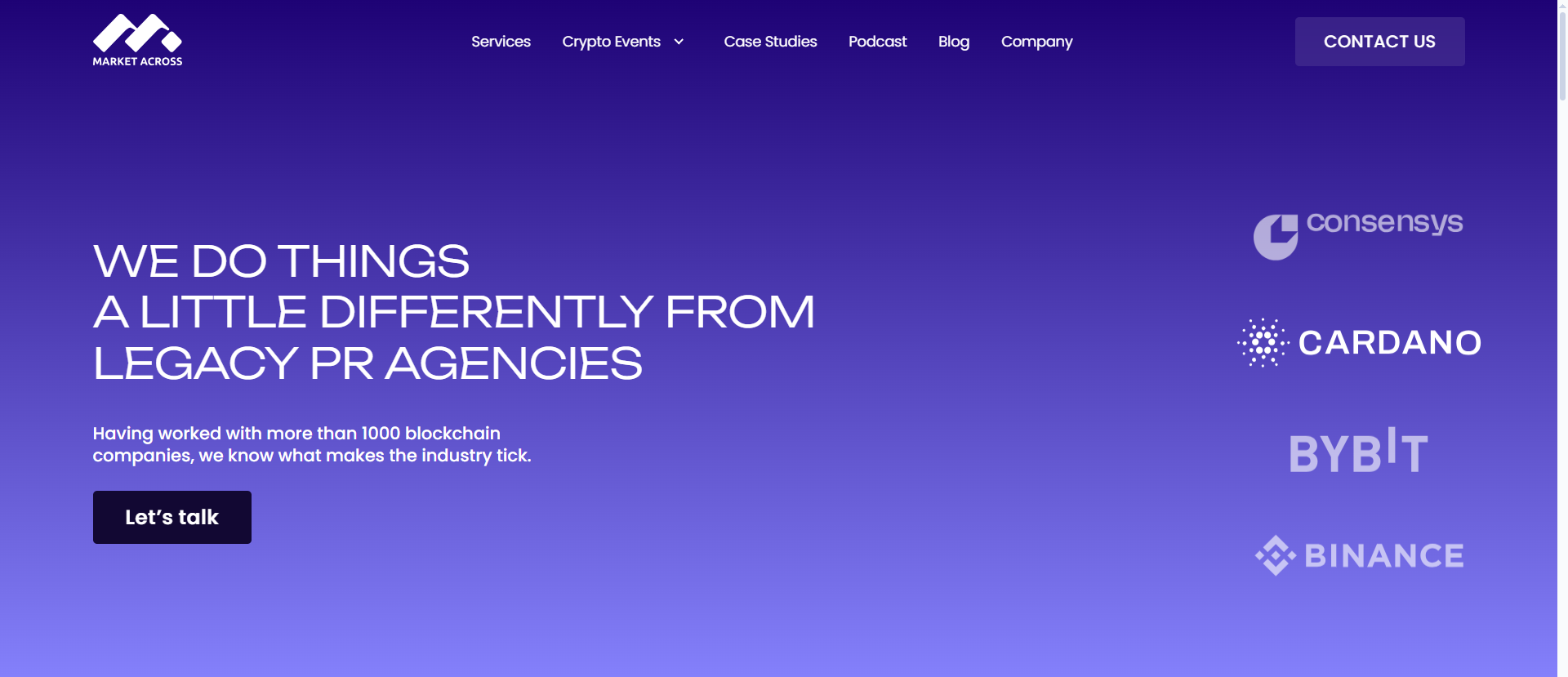 MarketAcross-Homepage einer Blockchain-PR-Agentur mit Kundenlogos von Consensys, Cardano, Bybit und Binance sowie Hinweis auf 1.000+ betreute Blockchain-Unternehmen.