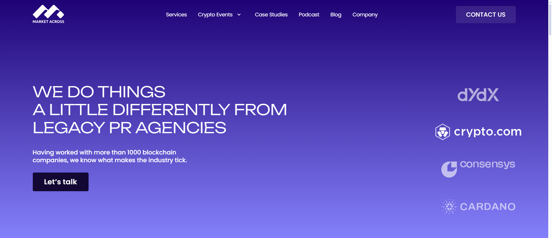 Page de services de l'agence de relations publiques blockchain MarketAcross présentant les logos des clients dYdX, Crypto.com, Consensys et Cardano sur fond de dégradé violet.