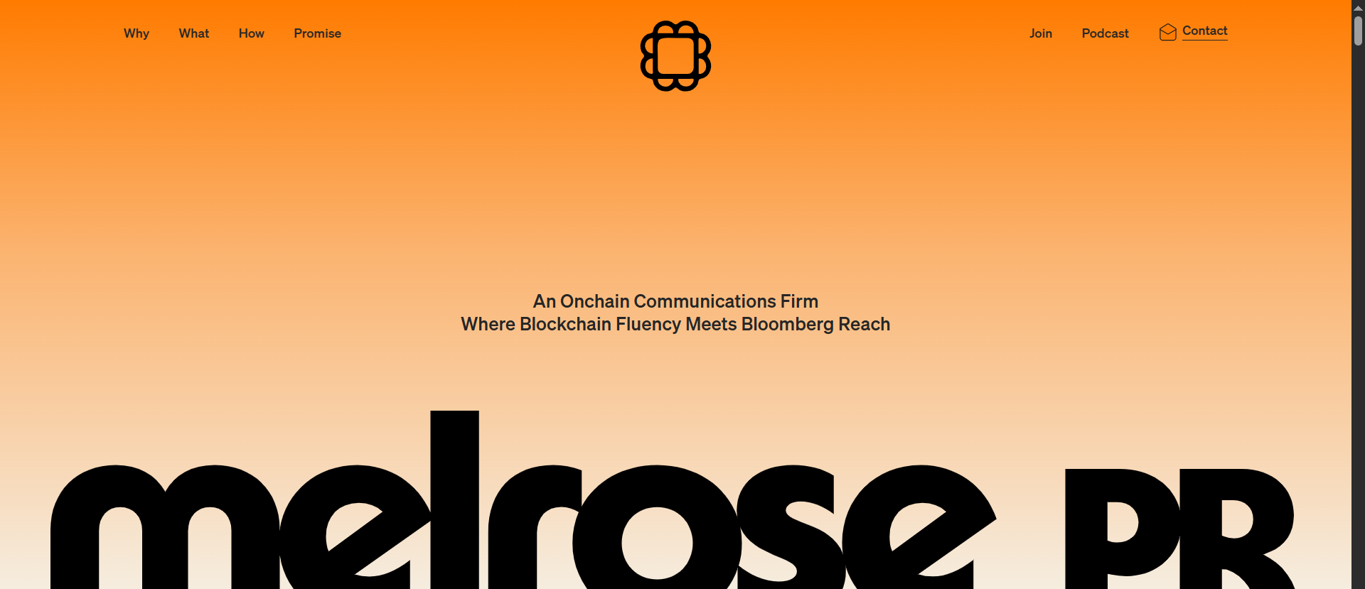 Page d'accueil du cabinet de communication Melrose PR onchain avec le slogan "Where Blockchain Fluency Meets Bloomberg Reach" sur fond de dégradé orange chaud.