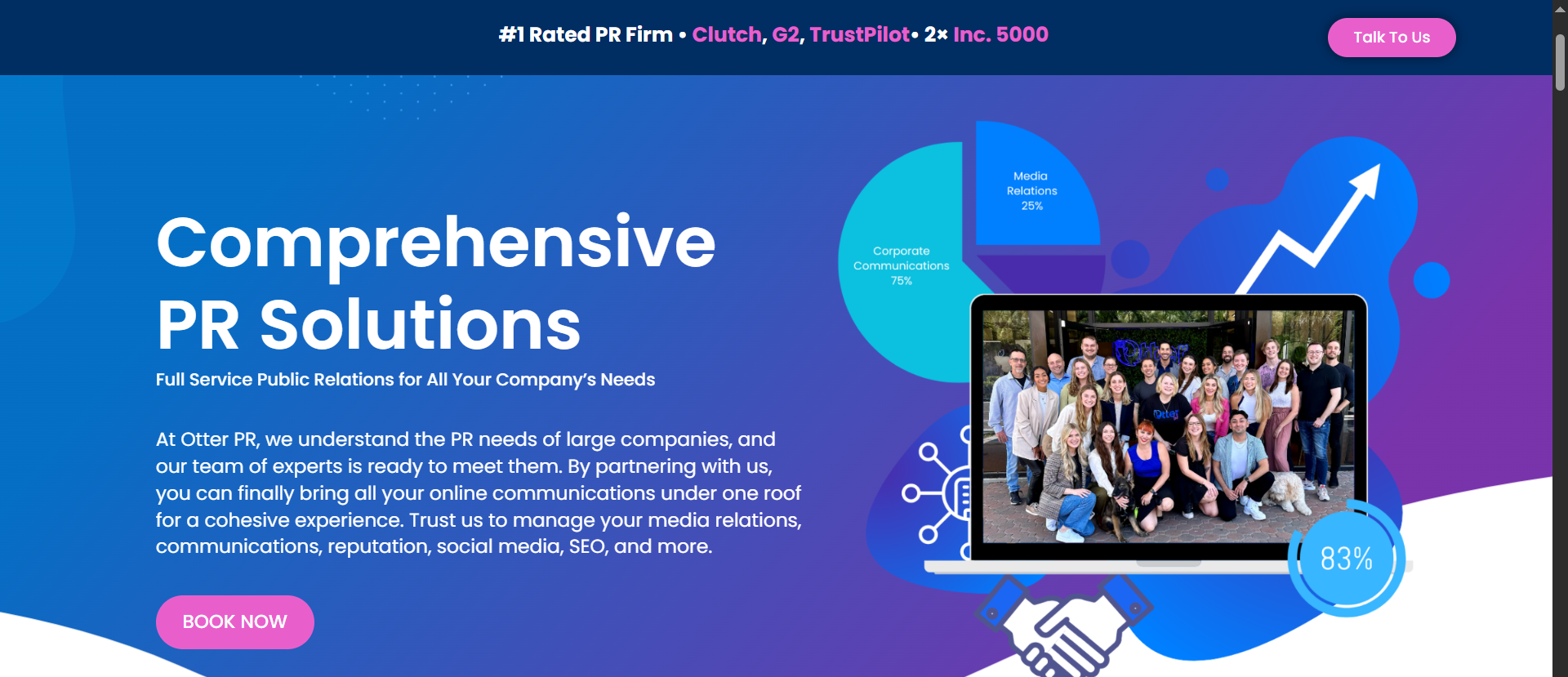 Otter-PR-Homepage einer Full-Service-Blockchain-PR-Firma mit #1-Ratings auf Clutch, G2 und TrustPilot sowie 2× Inc. 5000-Auszeichnung.