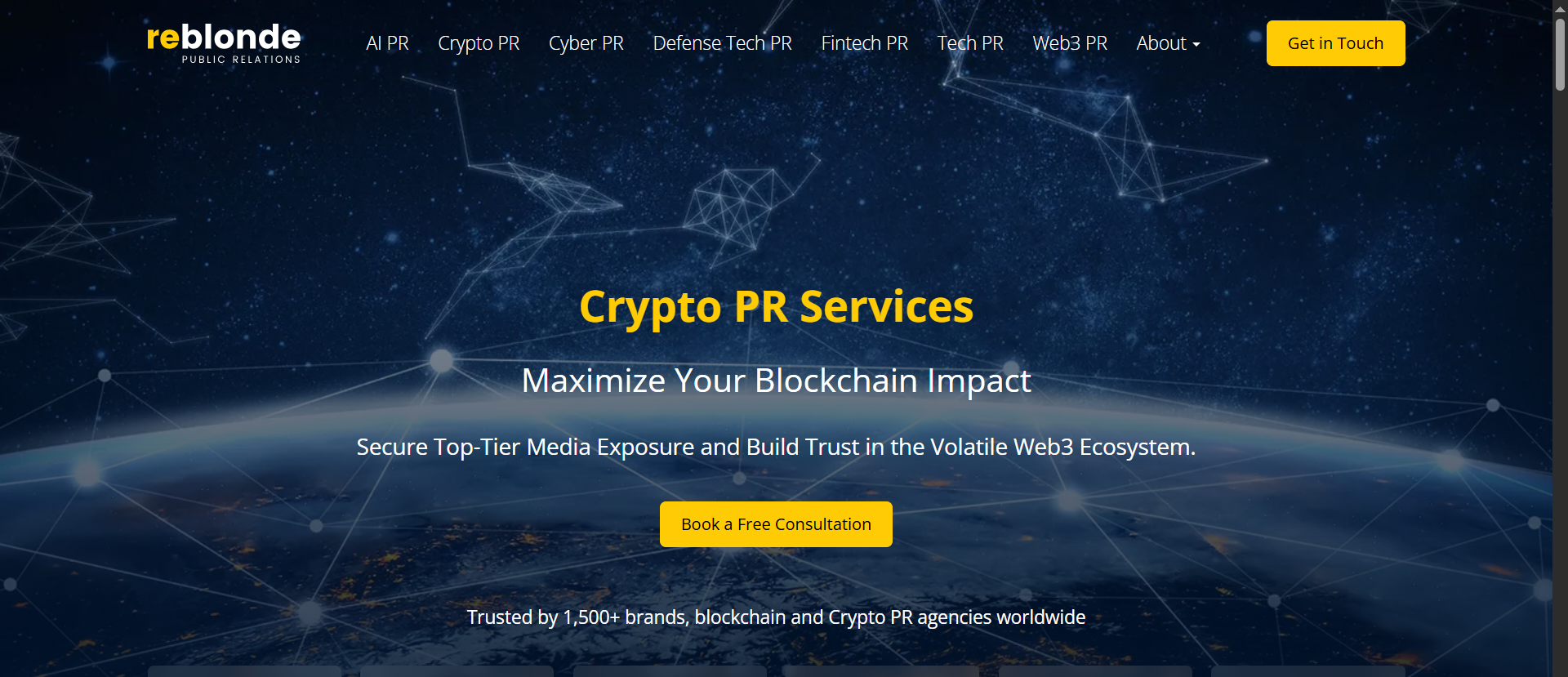 ReBlonde-Crypto-PR-Services-Seite mit der Headline „Maximize Your Blockchain Impact“, Web3-Global-Network-Visualisierung und Trust-Indikator „1.500+ blockchain brands“.