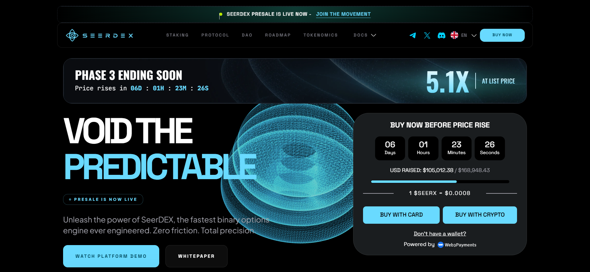 현재 프리세일 단계 카운트다운 타이머, "카드 또는 암호화폐로 구매" 버튼, 어두운 배경의 히어로 텍스트 "Void the Predictable"을 보여주는 SeerDEX 웹사이트 홈페이지.