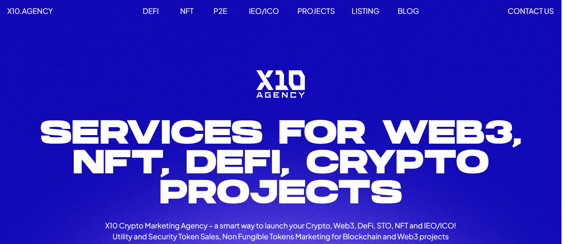 Page d'accueil de l'agence X10 proposant des services de marketing crypto pour les projets Web3, NFT, DeFi, IEO/ICO et token sur un fond bleu audacieux.