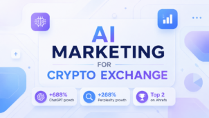Strategie di marketing AI per exchange di criptovalute, illustrate con metriche di crescita dalla visibilità di ricerca su ChatGPT e Perplexity e un ranking top su Ahrefs in un moderno design tech blu-viola.