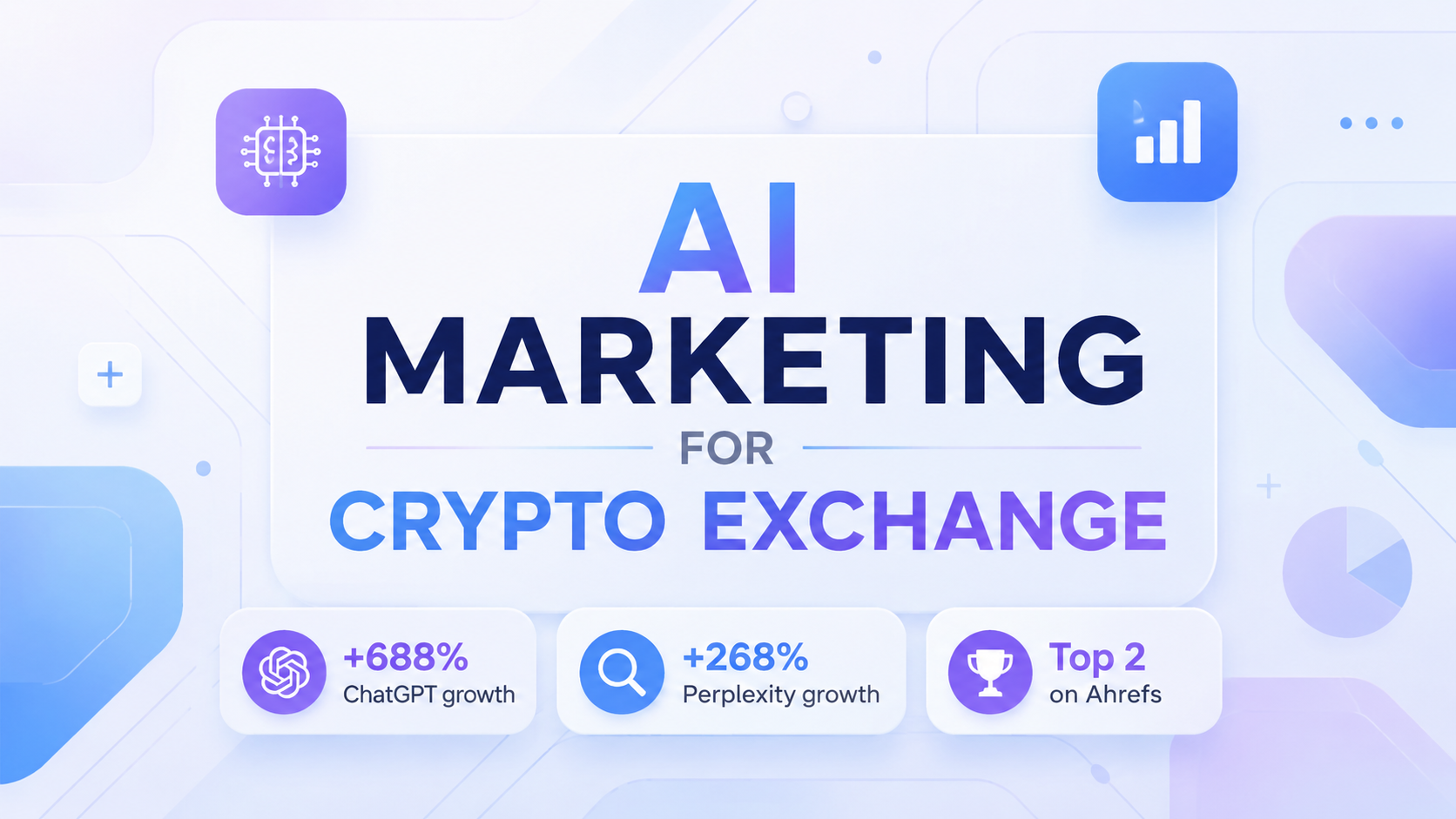 Estratégias de marketing de IA para exchanges de cripto, ilustradas com métricas de crescimento de visibilidade de pesquisa no ChatGPT e Perplexity e um ranking de topo no Ahrefs num design tecnológico moderno em azul e roxo.