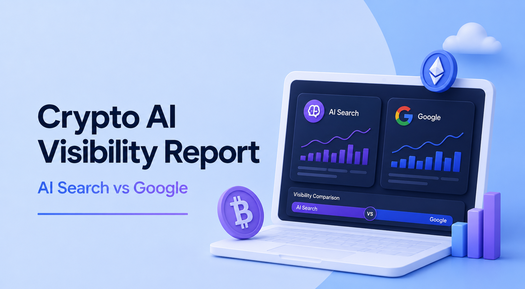 Capa do Relatório de Visibilidade de IA Cripto com um painel de controlo 3D num portátil a comparar a Pesquisa por IA e o Google, com ícones cripto, gráficos e visuais em azul-roxo.