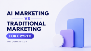 Titelbild für einen Artikel über AI Marketing vs. traditionelles Marketing im Krypto-Bereich, mit ROI-Vergleich im Jahr 2026.