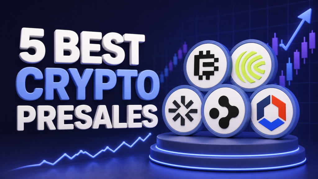 خمسة من أفضل عمليات البيع المسبق للعملات المشفرة في يونيو 2026 — شعارات توكنات CAP و Kai و STRATO و BitFi و ReFi Hub على منصة ثلاثية الأبعاد مع مخطط سوق صاعد.