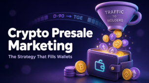رسم توضيحي لغلاف دليل استراتيجية تسويق ما قبل البيع للعملات الرقمية، يُظهر قمعًا ثلاثي الأبعاد يحمل اسم 