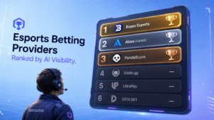 Clasificación de visibilidad de IA para proveedores de apuestas de esports: Bayes Esports n.º 1 (98,7), Abios (Kambi) n.º 2 (95,2), PandaScore n.º 3 (92,1), seguidos por Oddin.gg y UltraPlay sin puntuación. Auditoría de abril de 2026 realizada por ICODA. 