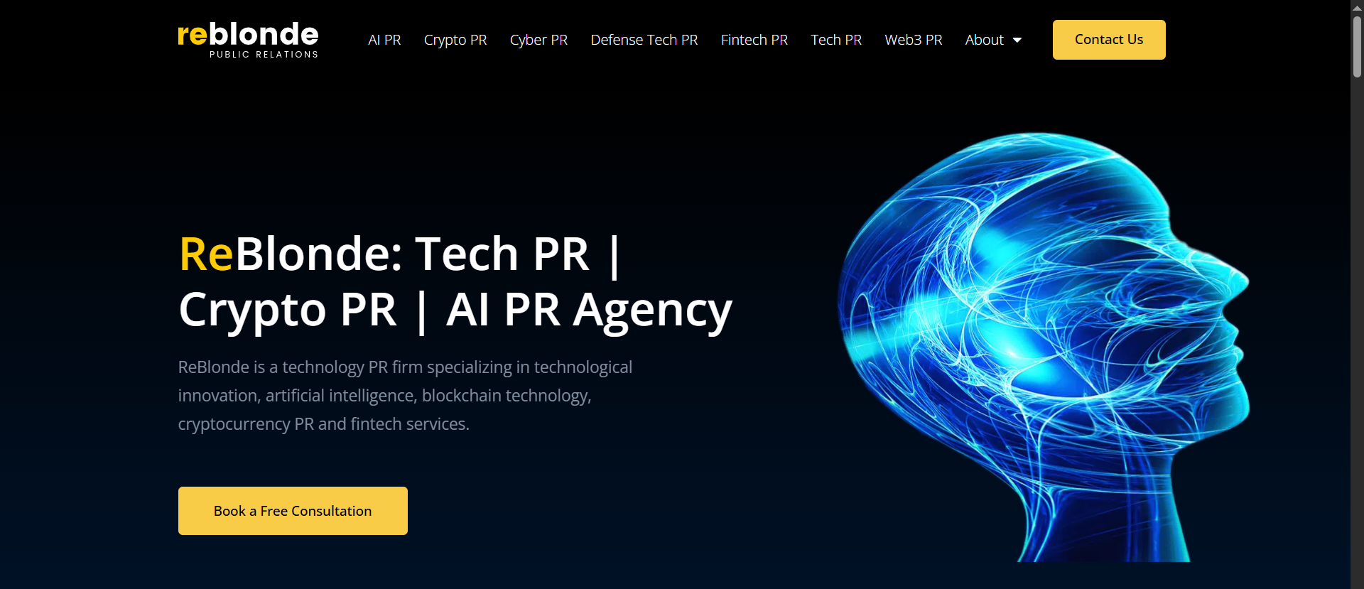 Главная страница агентства ReBlonde по PR в сфере технологий, криптопроектов и AI, предлагающего услуги по связям с общественностью в области блокчейн-технологий, криптовалют, финтеха и Web3 с визуализацией AI-мозга.