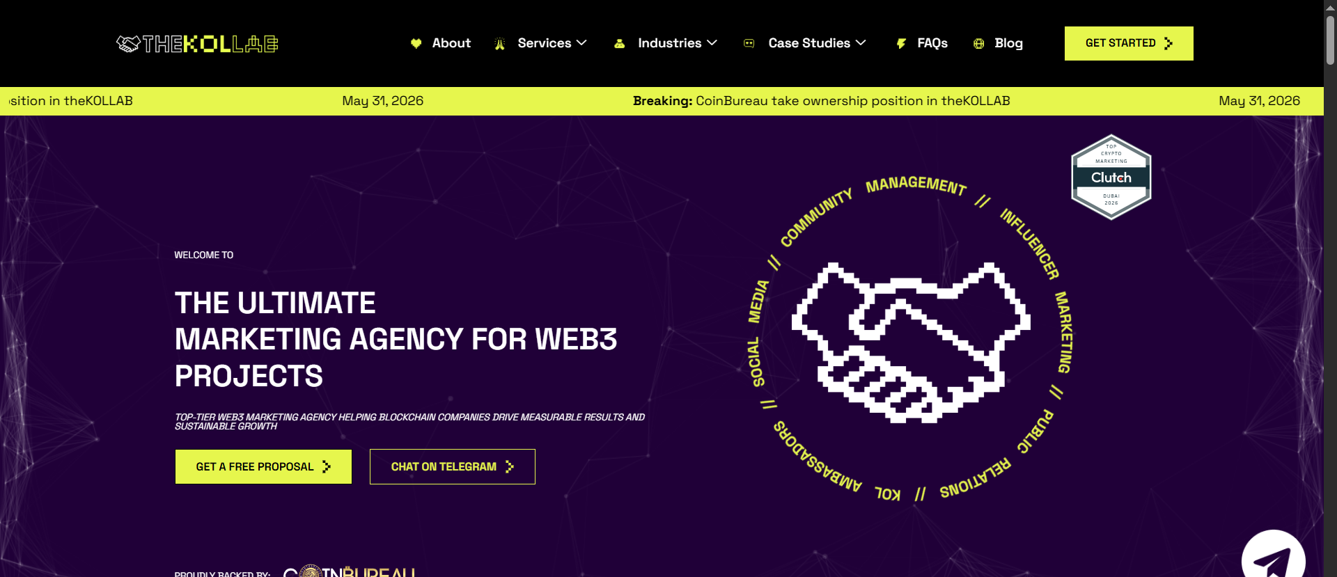 La page d'accueil de l'agence de marketing Web3 theKOLLAB soutenue par CoinBureau, montrant les services KOL, PR, communauté et influenceurs pour les projets de blockchain.