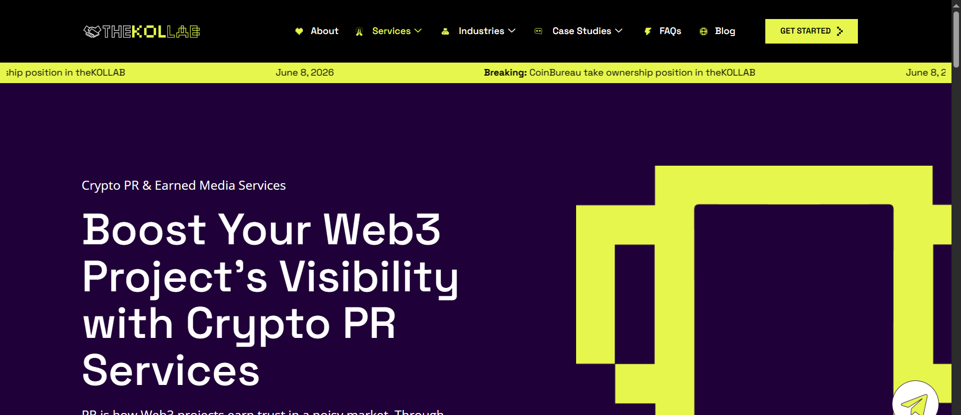 theKOLLAB-Crypto-PR- und Earned-Media-Agentur-Homepage mit Coin-Bureau-Ownership-Announcement-Ticker und Services zur Web3-Projekt-Sichtbarkeit.