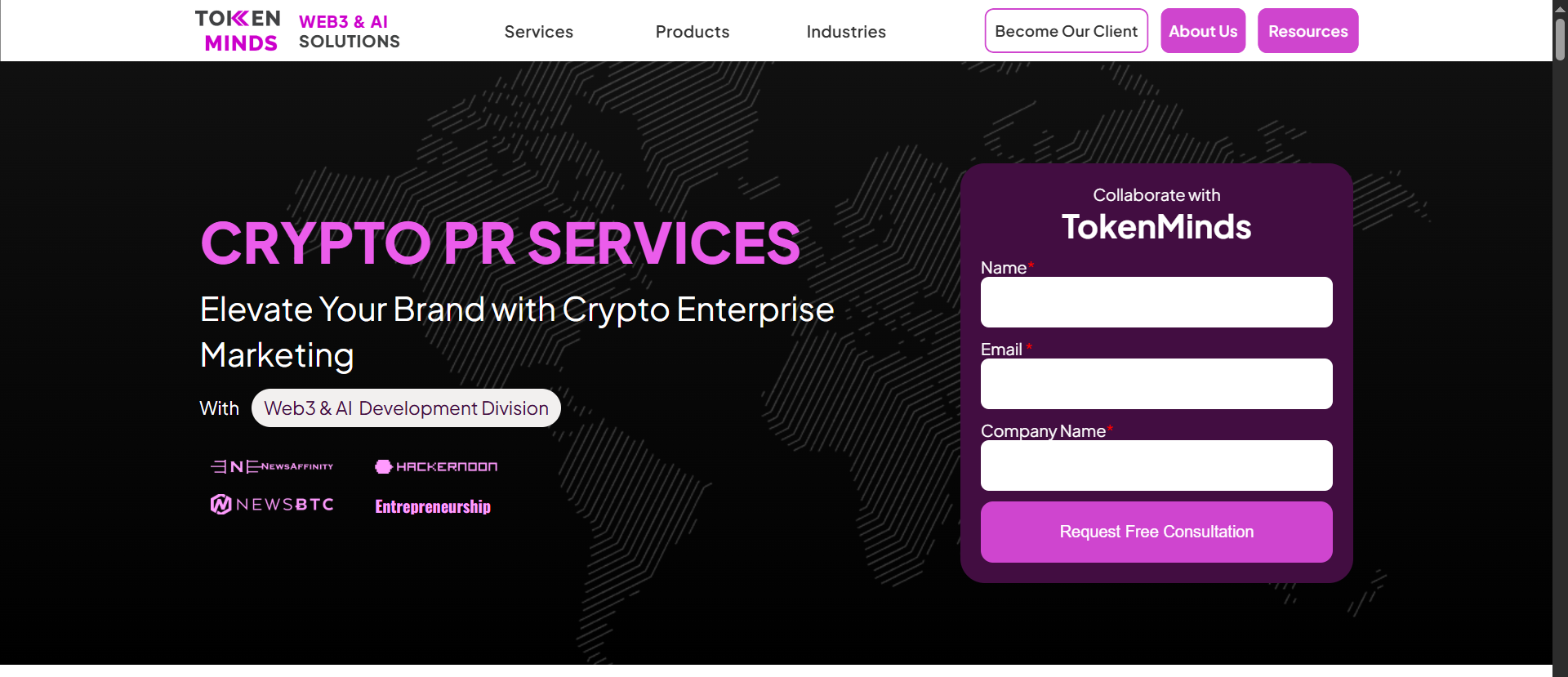 TokenMinds-Crypto-PR-Services-Seite mit Positionierung zu Web3- und AI-Lösungen, Medienpartner-Logos u. a. NewsBTC sowie Formular für eine Blockchain-Marketing-Beratung.