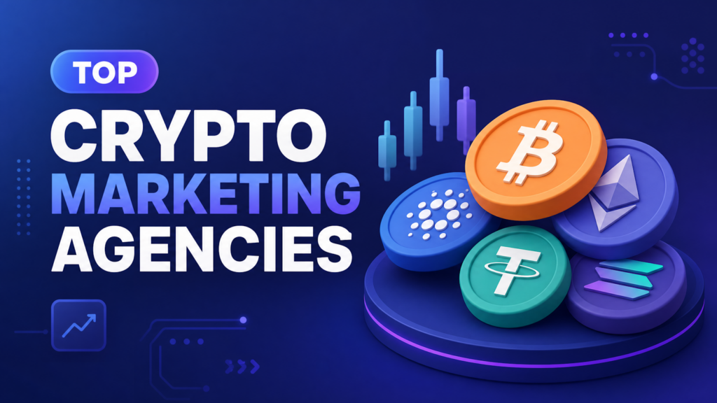 Top crypto marketing agencies article cover with 3D Bitcoin, Ethereum, Cardano, Tether and Solana coins and candlestick chart on dark blue background.