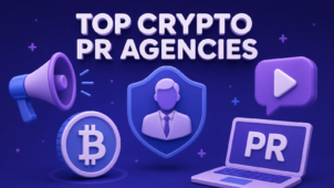 Artikel-Cover „Top crypto PR agencies“ mit 3D-Megafon, Bitcoin-Münze, Trust-Schild, Video-Medien-Icon und PR-Laptop auf tiefblauem Hintergrund.