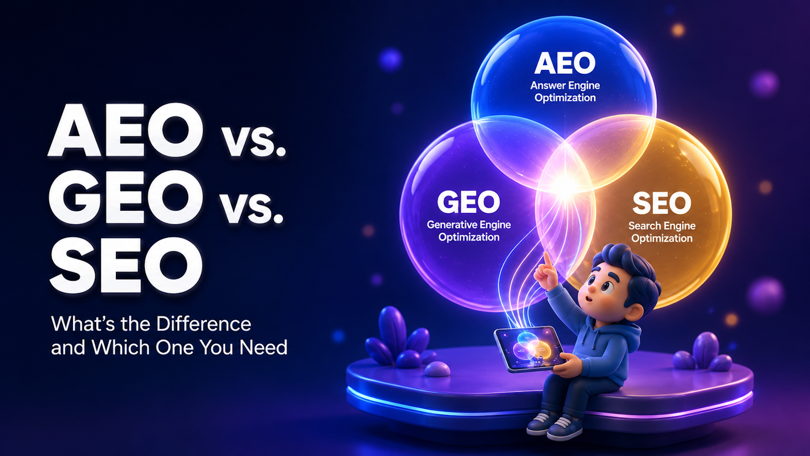 Illustration of AEO, GEO, and SEO as three overlapping spheres labeled Answer Engine Optimization, Generative Engine Optimization, and Search Engine Optimization.