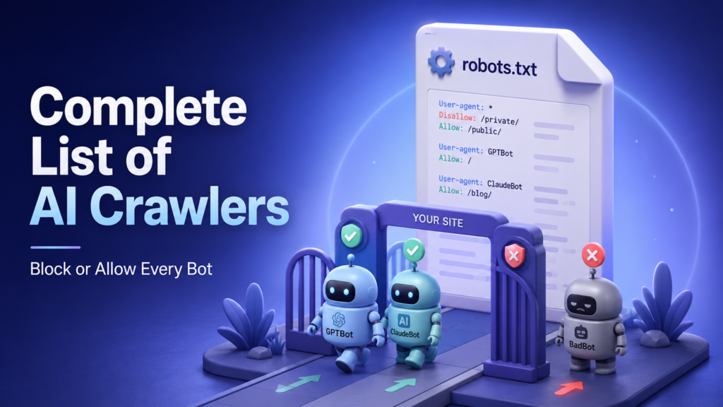 Illustration of a robots.txt file controlling a gate: GPTBot and ClaudeBot pass through with green checkmarks, while an unauthorized bot is blocked with a red X, titled 'Complete List of AI Crawlers, Block or Allow Every Bot.'