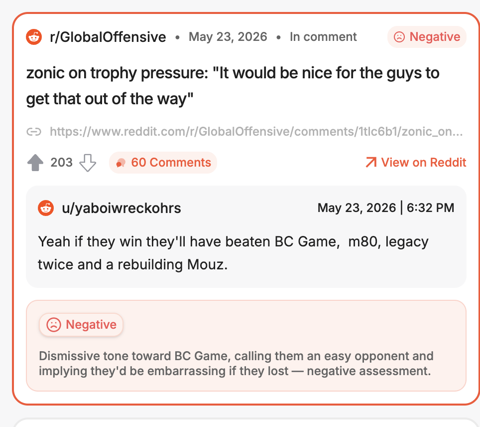 Reddit comment on r/GlobalOffensive listing BC Game among opponents already defeated, reflecting how BC.Game is mentioned mainly through its esports team sponsorship.