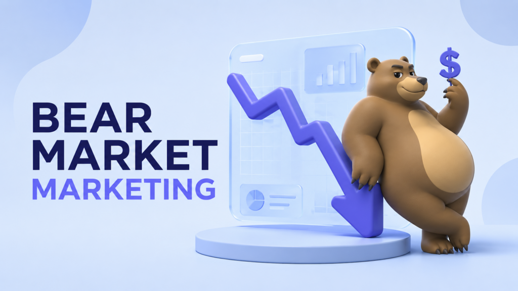 3D-Illustration eines Bären, der ein Dollarzeichen neben einem abwärts tendierenden Marktdiagramm hält, das die Crypto-Bärenmarkt-Marketingstrategie darstellt.