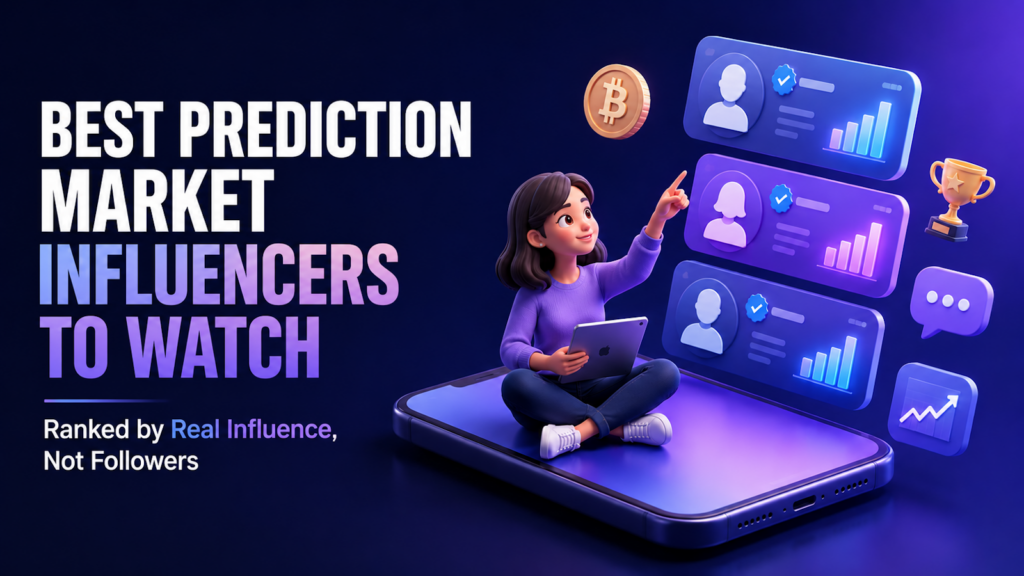 Cover illustration for an article on the best prediction market influencers, showing a 3D character pointing at ranked social media profile cards with engagement charts, alongside a bitcoin coin and trophy icon.